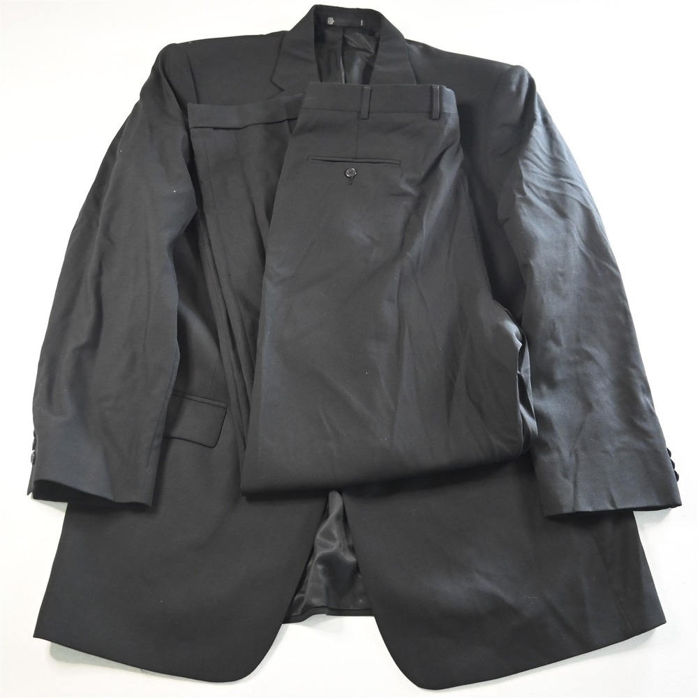 Vtg Y2K Boxy 2000s 46L‎ 36x34 Black 100% Wool Athletic Mens Jacket Pants Suit